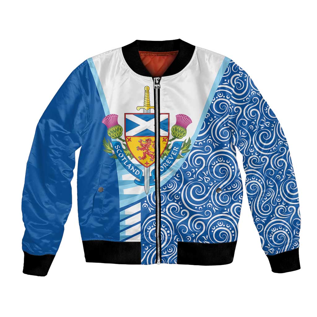 Blue/white bomber jacket with full-zip front and ribbed collar, Scottish crest graphic