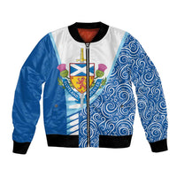 Blue/white bomber jacket with full-zip front and ribbed collar, Scottish crest graphic