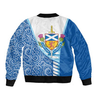 Blue and white bomber jacket with ribbed hem and Scottish crest shield on back