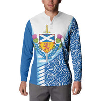 Blue and white button sweatshirt, front view with crest shield and long blue sleeves