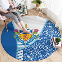Circular round rug with Scotland shield crest, thistle accents, blue swirl pattern