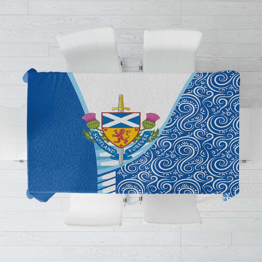 Blue Scotland tablecloth with thistle and lion crest, plus swirling border pattern.