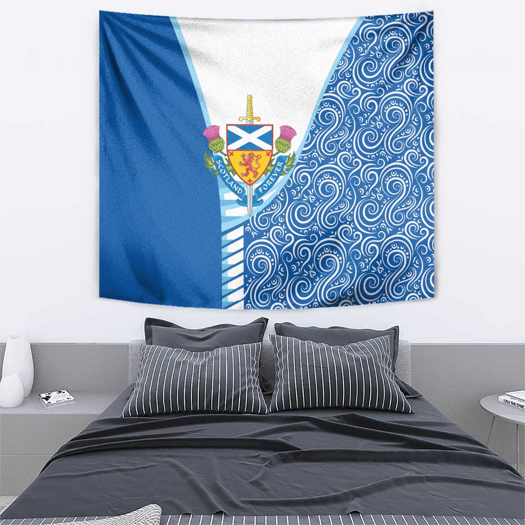 Blue and white tapestry featuring Scottish crest and repeating swirl pattern