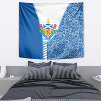 Blue and white tapestry featuring Scottish crest and repeating swirl pattern