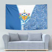 Blue and white tapestry with crest medallion and ornate swirl pattern design