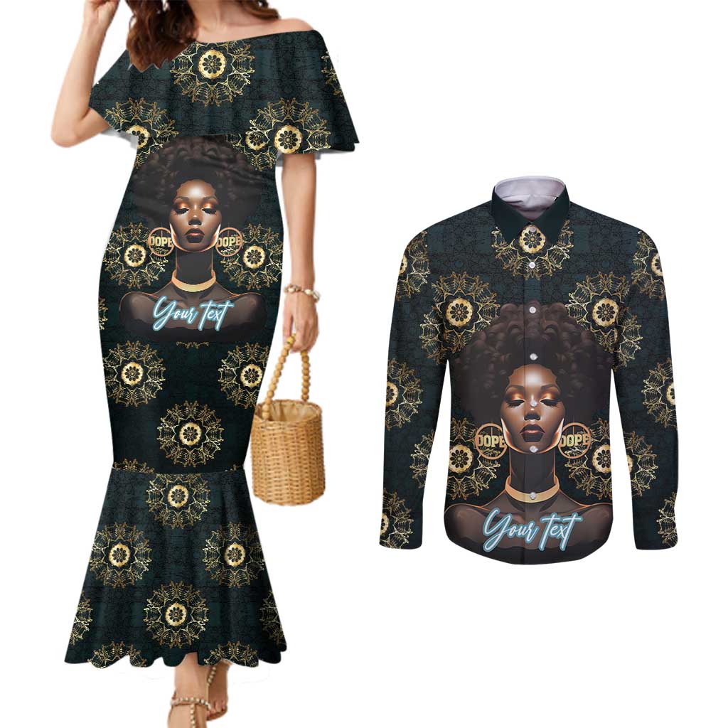 Personalized Powerful Woman in Patterns African Couples Matching Mermaid Dress and Long Sleeve Button Shirt