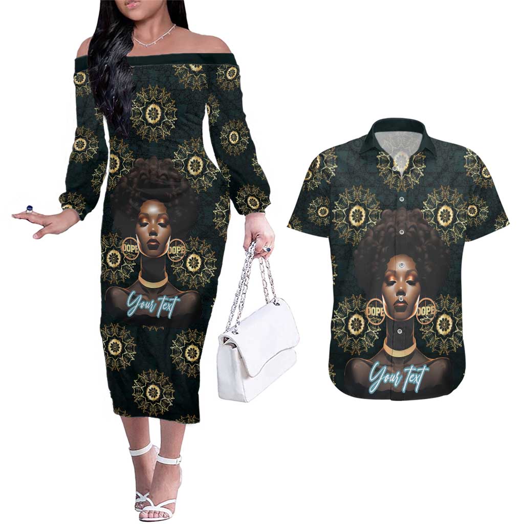 Personalized Powerful Woman in Patterns African Couples Matching Off The Shoulder Long Sleeve Dress and Hawaiian Shirt