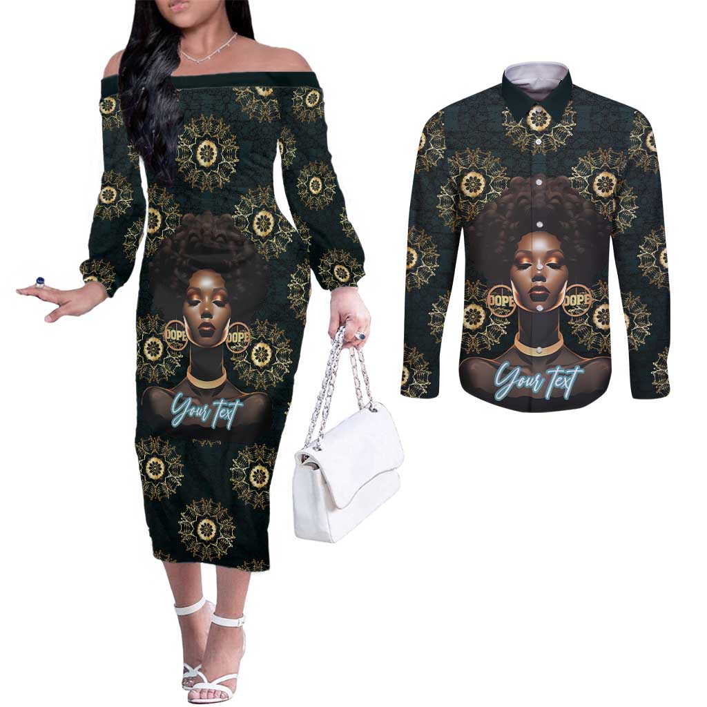 Personalized Powerful Woman in Patterns African Couples Matching Off The Shoulder Long Sleeve Dress and Long Sleeve Button Shirt