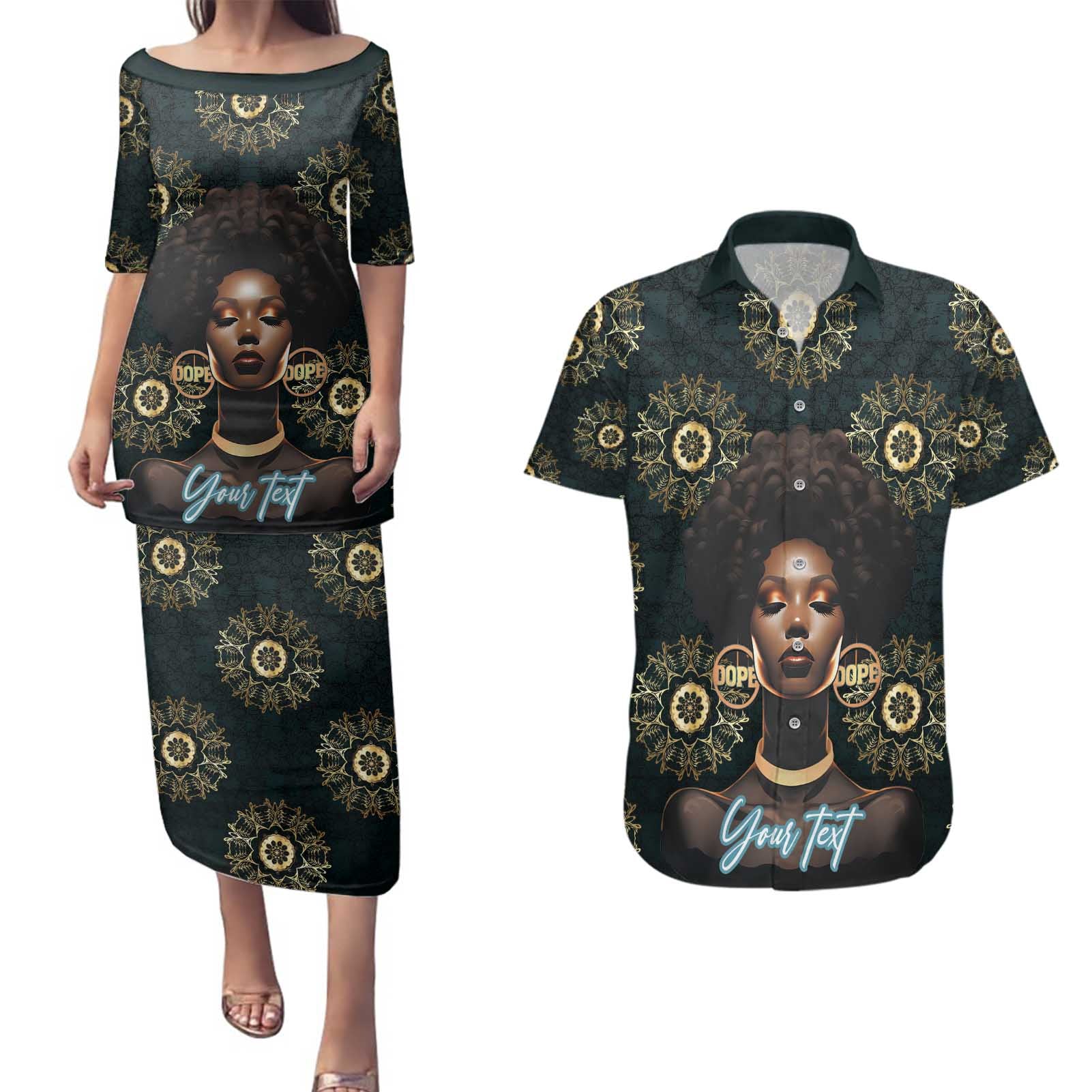 Personalized Powerful Woman in Patterns African Couples Matching Puletasi and Hawaiian Shirt