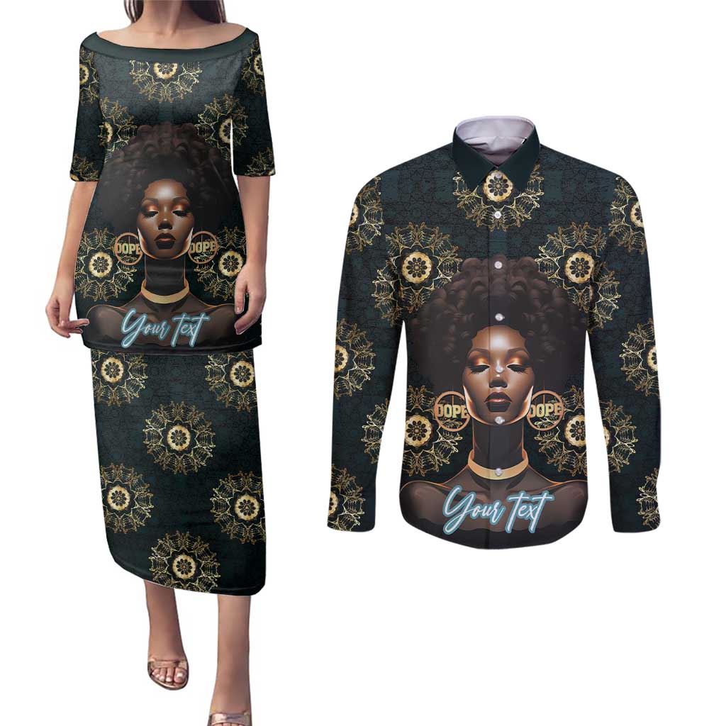 Personalized Powerful Woman in Patterns African Couples Matching Puletasi and Long Sleeve Button Shirt