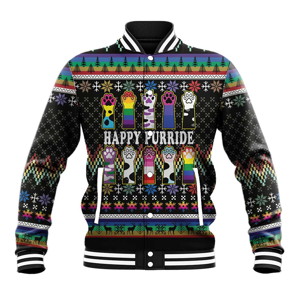 Black baseball jacket with striped collar, button front, rainbow cat graphic, Happy Purride