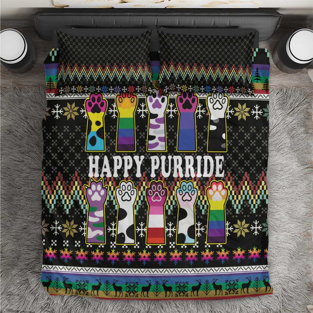 Cat LGBT bedding set with black base, rainbow-striped cats, and “Happy Purride” text.