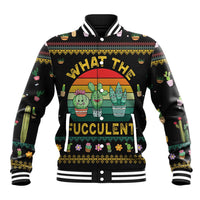 Black unisex baseball jacket with cactus graphic, striped ribbed collar and button front