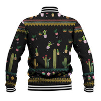 Black unisex baseball jacket with allover cactus print, striped ribbed hem and cuffs