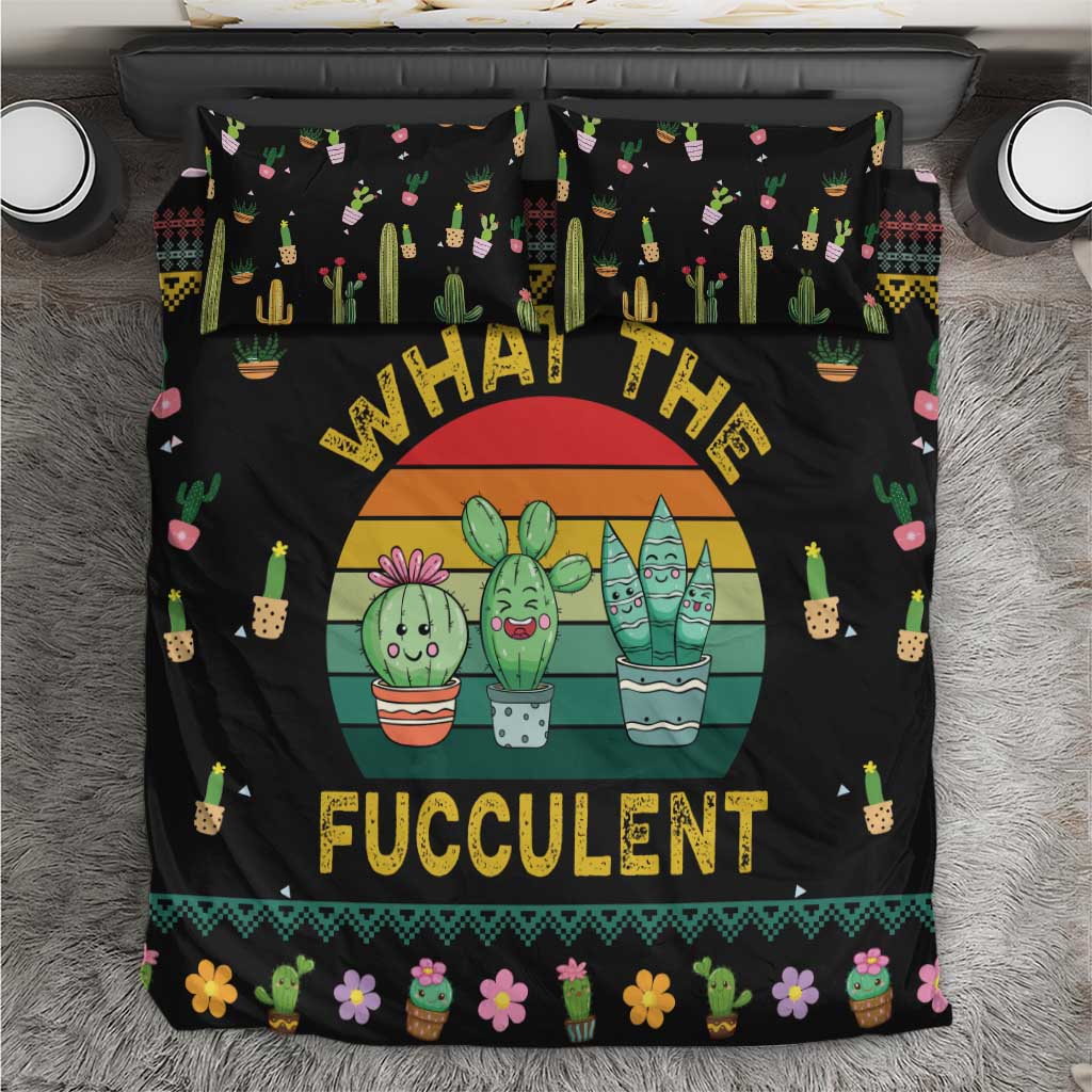 Black bedding set with cactus, potted succulent characters and “WHAT THE FUCCULENT” text