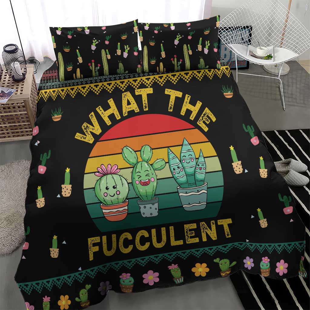 Black bedding set featuring “WHAT THE FUCCULENT” circle graphic and cactus print trim