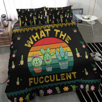 Black bedding set featuring “WHAT THE FUCCULENT” circle graphic and cactus print trim