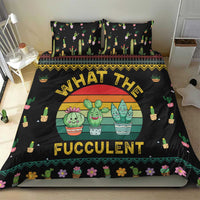 Black duvet cover set with succulent character circle graphic and cactus pattern border