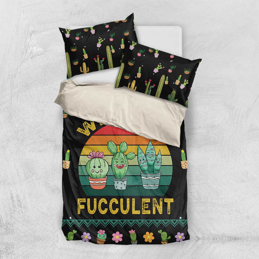 Black duvet and pillowcases set with succulent cactus print and colorful floral edging