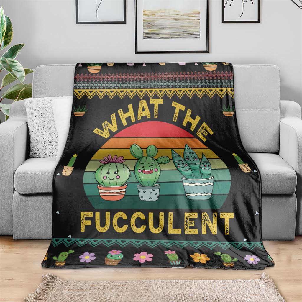 Black cactus Christmas throw blanket with round cactus illustration and floral border