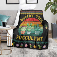 Black cactus Christmas blanket on gray couch with colorful cactus band and 'FUCCULENT'