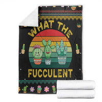 Black cactus Christmas blanket shown folded with cactus arch scene and 'FUCCULENT'