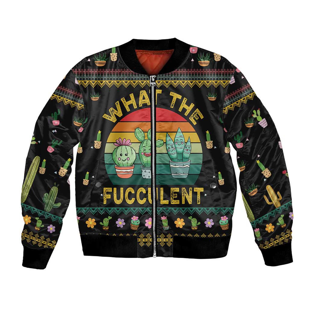 Black unisex bomber jacket with colorful cactus and festive graphic, full front view