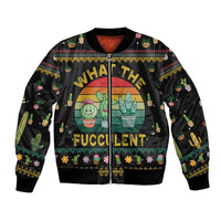 Black unisex bomber jacket with colorful cactus and festive graphic, full front view