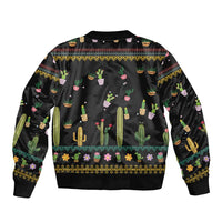 Black unisex bomber jacket with colorful cactus pattern, long sleeves, back view