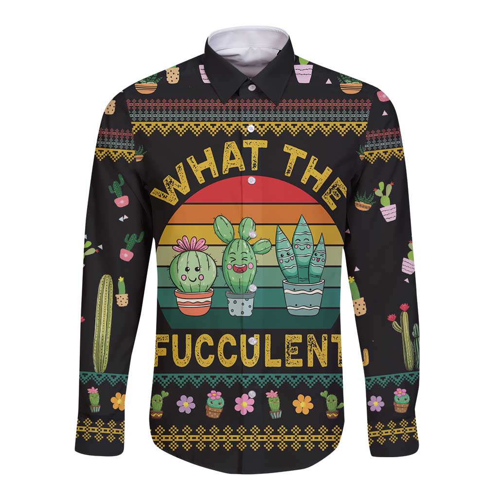 Unisex black long-sleeve button shirt with cactus graphic and festive lettering