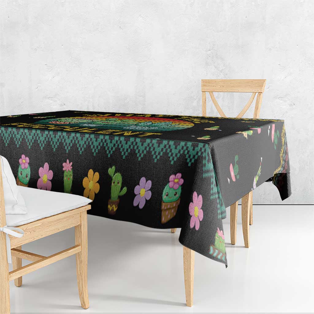 Black tablecloth side drape with colorful flowers and cactus pot illustrations