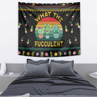 Black What the Fucculent tapestry featuring cartoon succulents and festive trim
