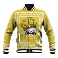 Yellow baseball jacket with crown graphic, striped ribbed collar and cuffs, snap front