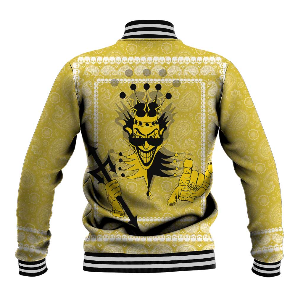 Yellow baseball jacket back with crown face graphic, striped ribbed collar and hem
