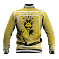 Yellow baseball jacket back with crown face graphic, striped ribbed collar and hem