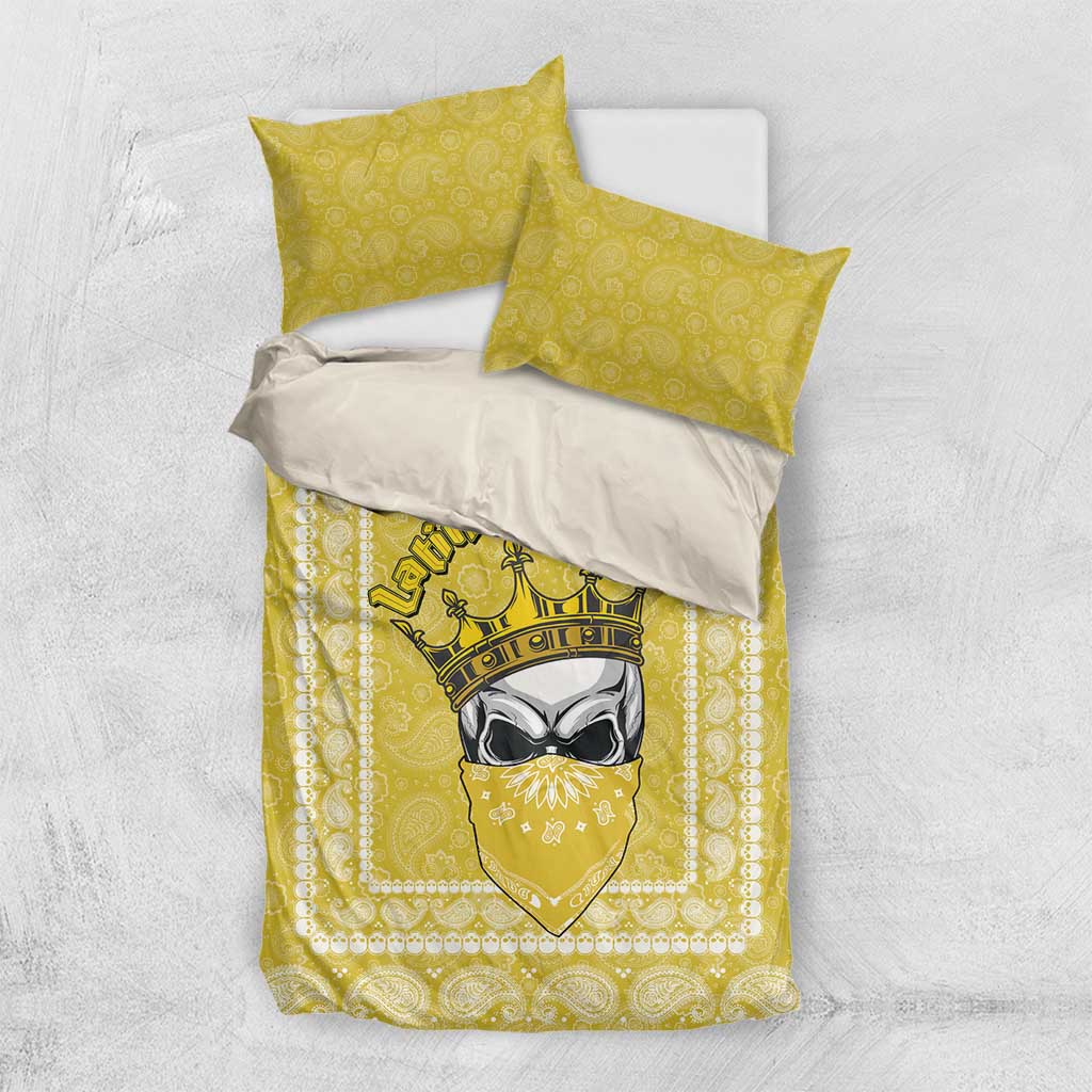 Yellow paisley duvet cover with king crown print and two yellow pillowcases
