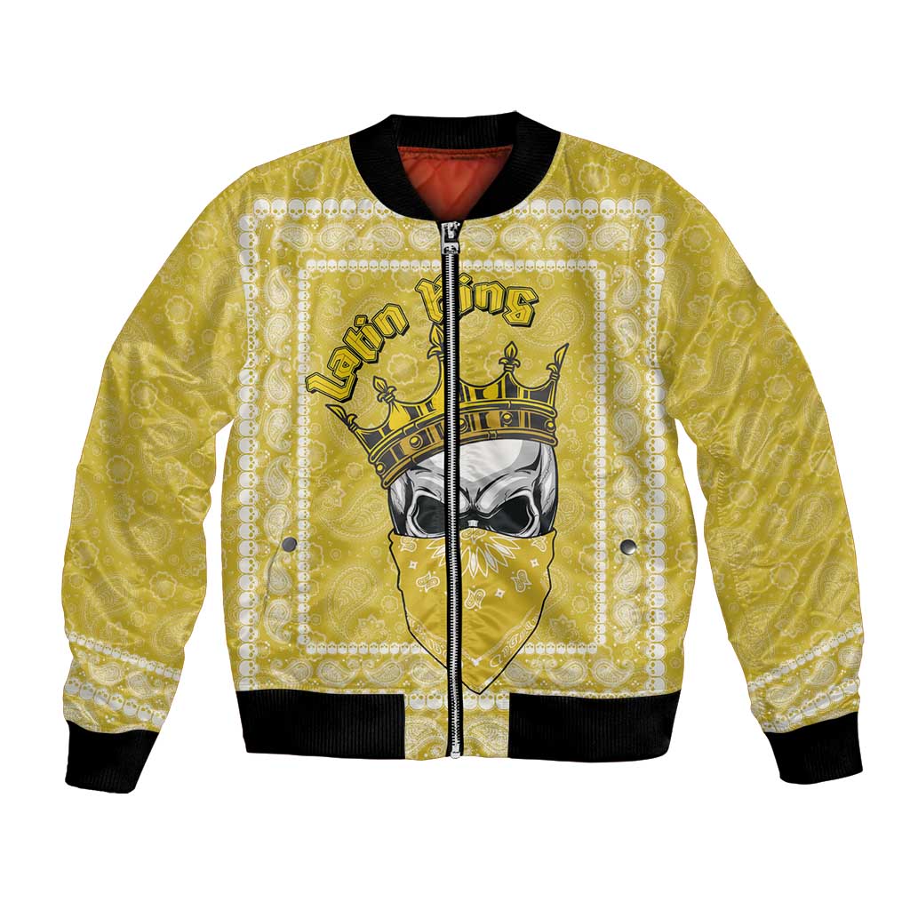 Unisex yellow bomber jacket with paisley border and front zip, black ribbed trim.