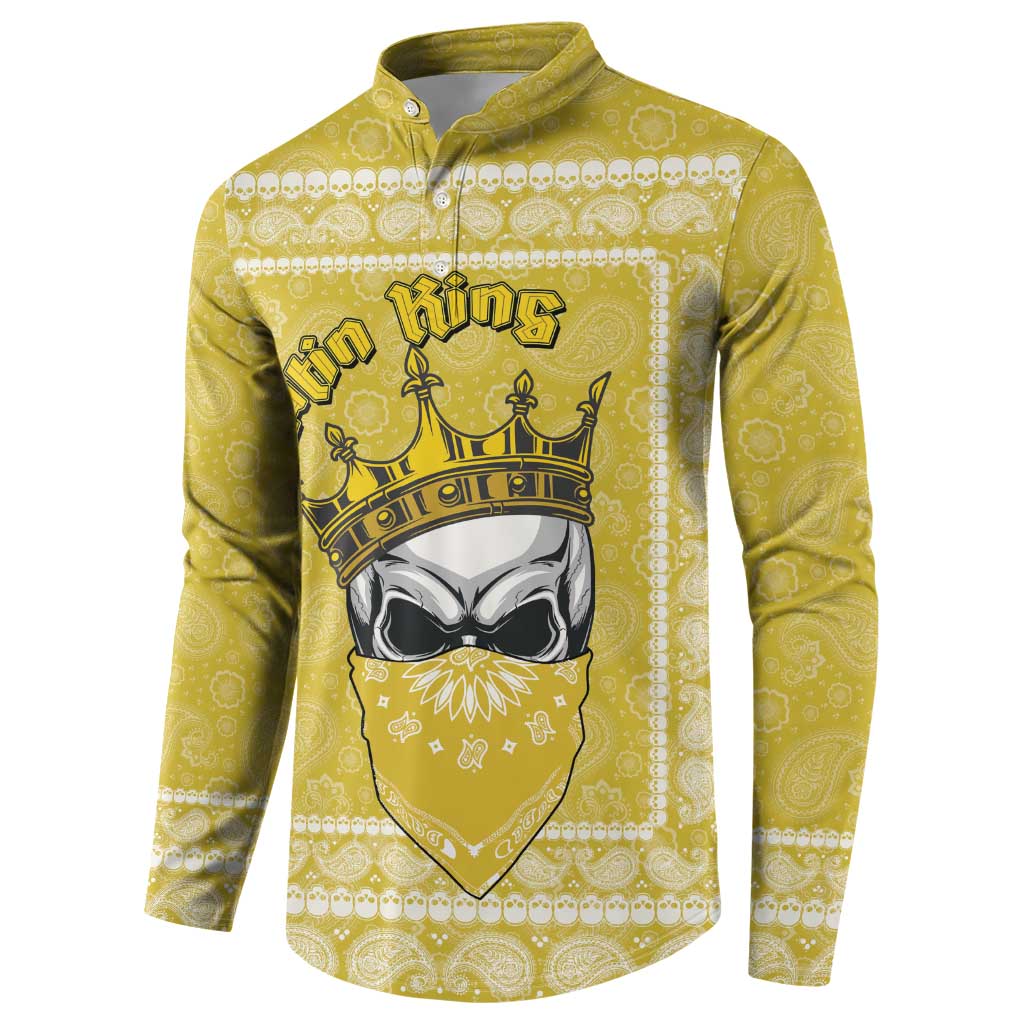 Yellow button henley sweatshirt with front crown skull graphic, paisley print