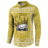 Yellow button henley sweatshirt with front crown skull graphic, paisley print