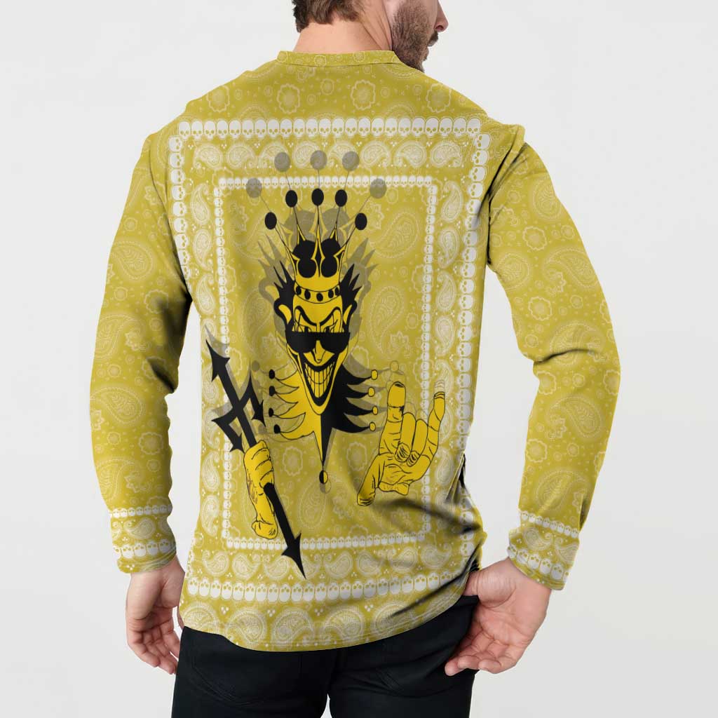 Yellow button henley sweatshirt back with king crown graphic and paisley pattern
