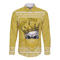 Unisex yellow long-sleeve button shirt with paisley pattern and printed front graphic