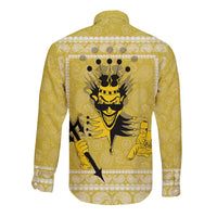 Unisex yellow long-sleeve button shirt with paisley pattern and large back graphic print