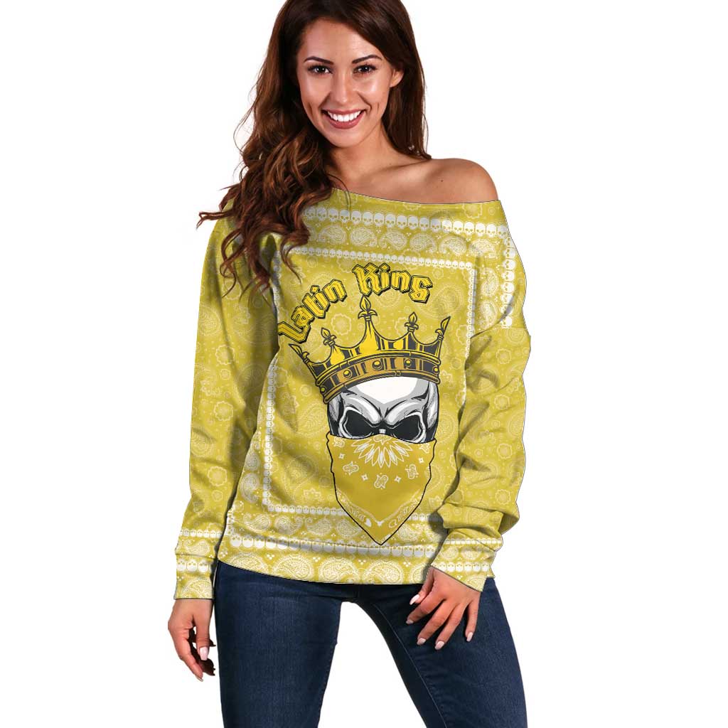 Latin King Off Shoulder Sweater Paisley Pattern Yellow