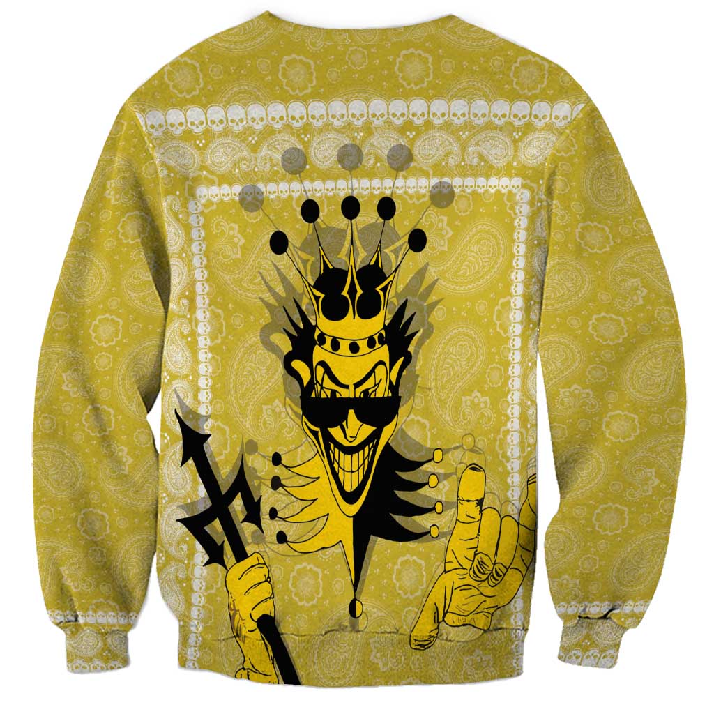 Unisex yellow sweatshirt with paisley pattern, back crown king graphic and hand motif