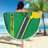 Round beach blanket with white fringe, green/yellow toucan and Brazil emblem; spread wide