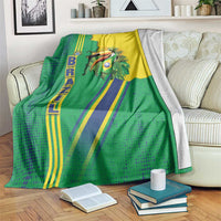 Green Brazil flag toucan emblem blanket draped on sofa with yellow/blue stripes