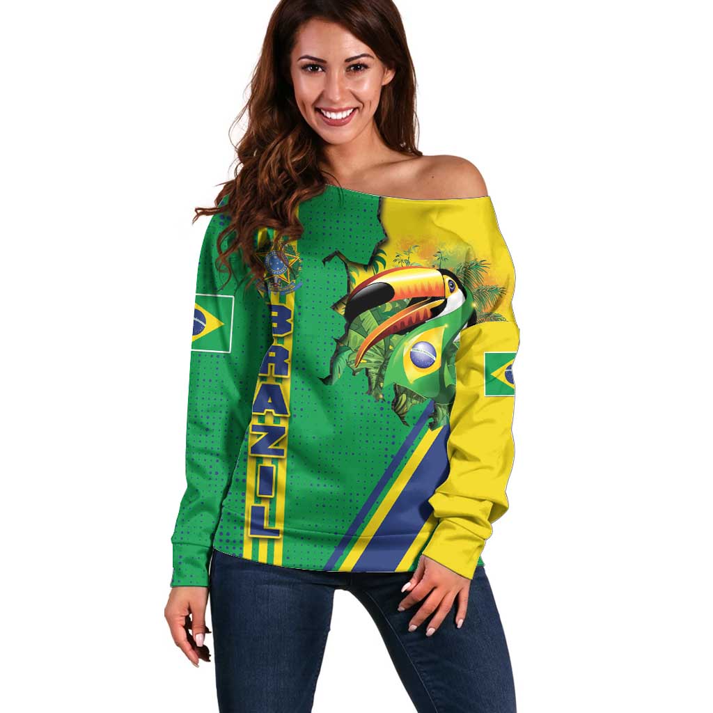 Brazil Flag Emblem Off Shoulder Sweater Toco Toucan In My Heart