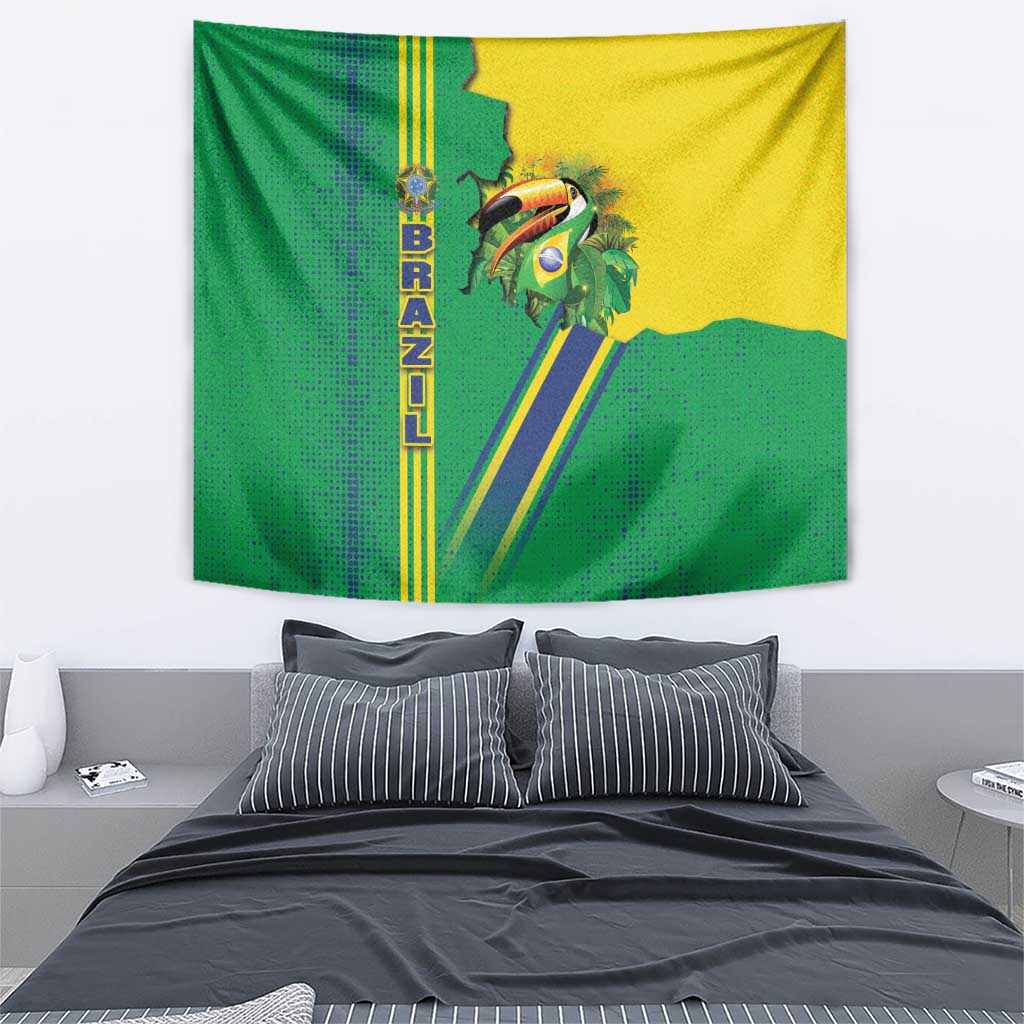 Rectangular Brazil flag toucan tapestry with green and yellow design, BRASIL vertical lettering