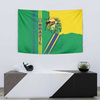 Brazil flag toucan tapestry with green and yellow background, toucan emblem and BRASIL text