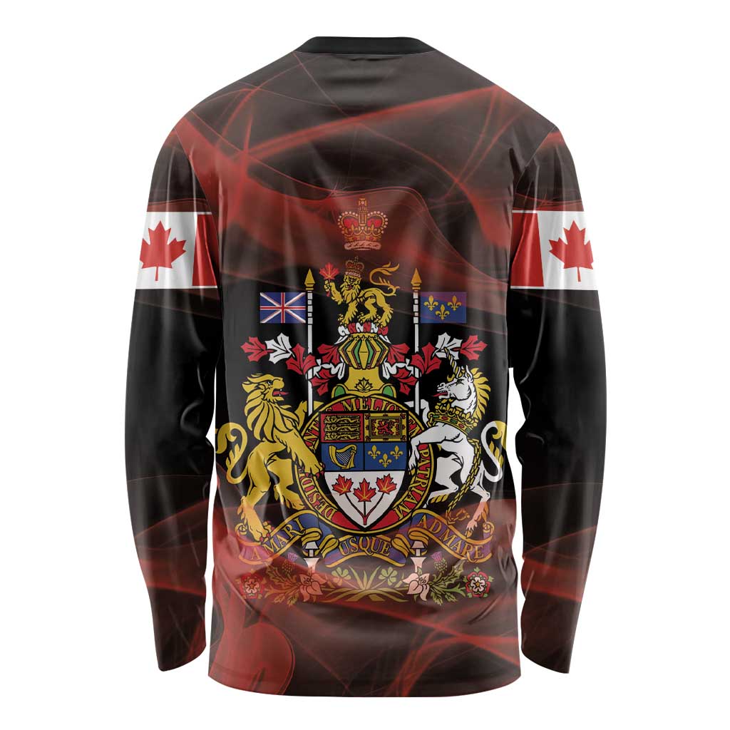 Unisex long sleeve shirt, black with red abstract plaid, Canada crest and maple leaves back